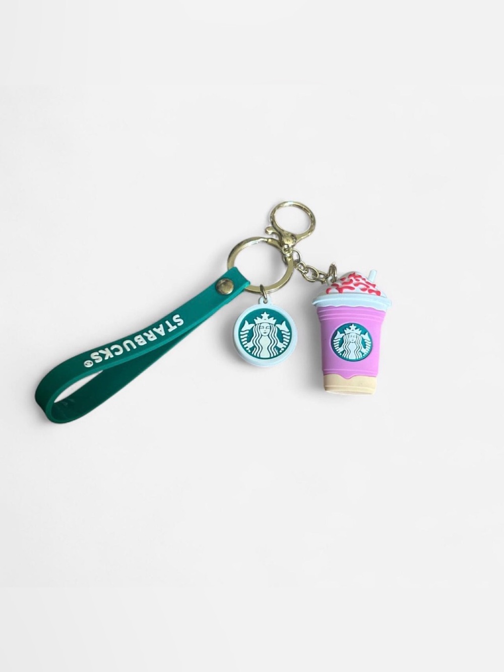 Starbucks Pink Frappuccino Keychain with Teal Logo Strap